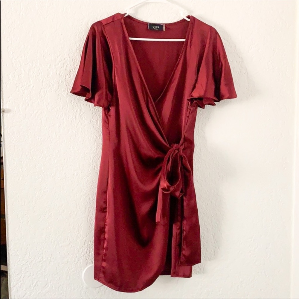 Satin Burgundy Wrap Dress